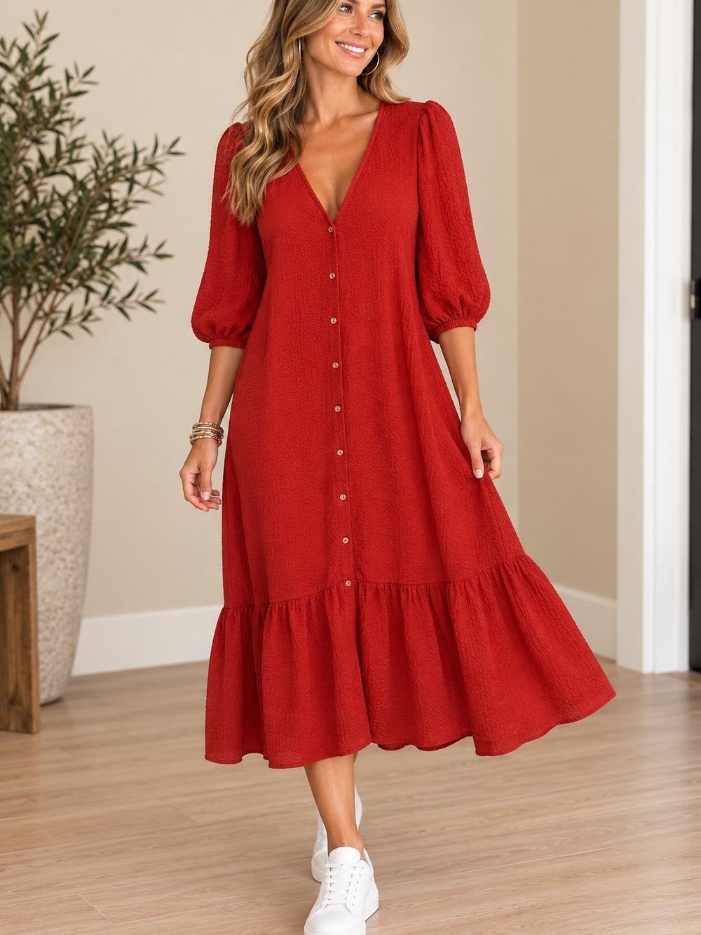 Maeve Brick Red Button-Front Midi Dress